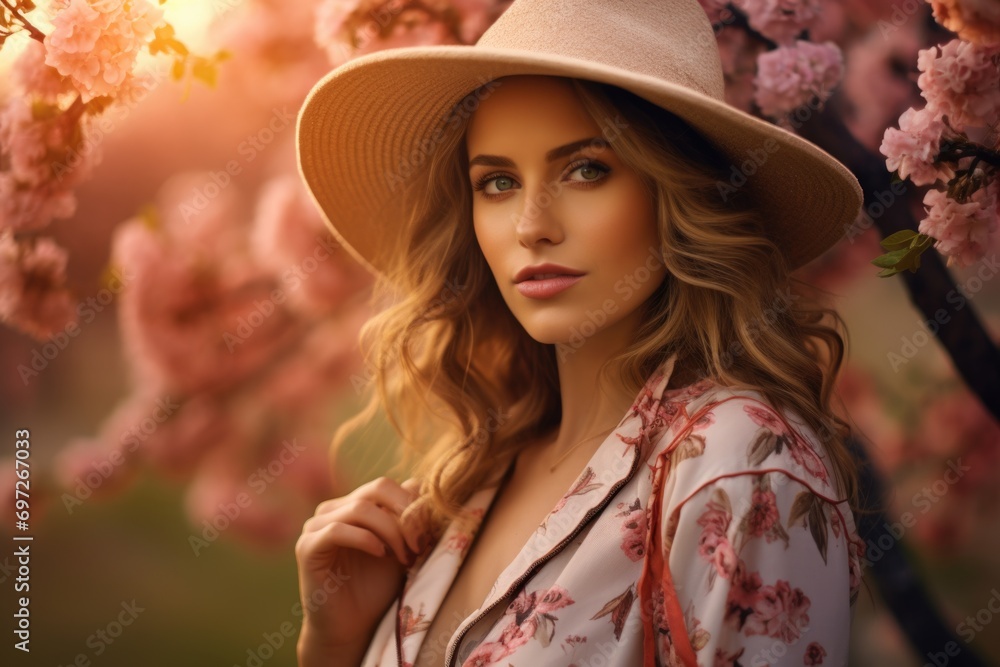 Poster a woman in a hat posing for a picture. suitable for various uses
