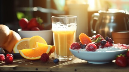 A table setting with a bowl of fresh, colorful fruit and a refreshing glass of orange juice. Perfect for a healthy breakfast or brunch