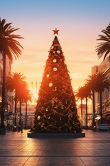 A festive picture of a large Christmas tree beautifully decorated in a city square. Perfect for...