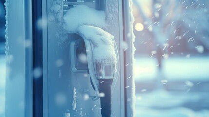 A snow-covered parking meter stands next to a window. This image can be used to depict winter weather, urban scenes, or parking regulations - obrazy, fototapety, plakaty
