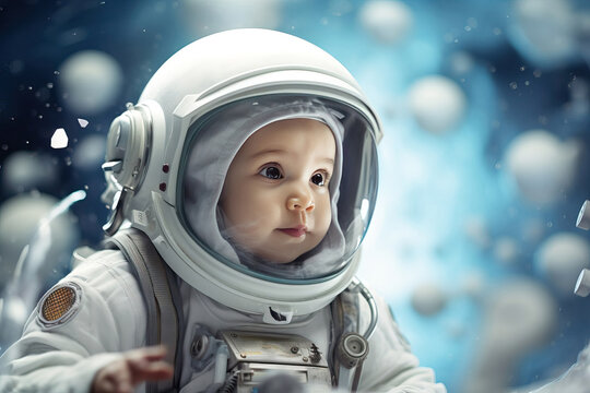 portrait of a cute baby cosmonaut or astronaut in open space blurred background