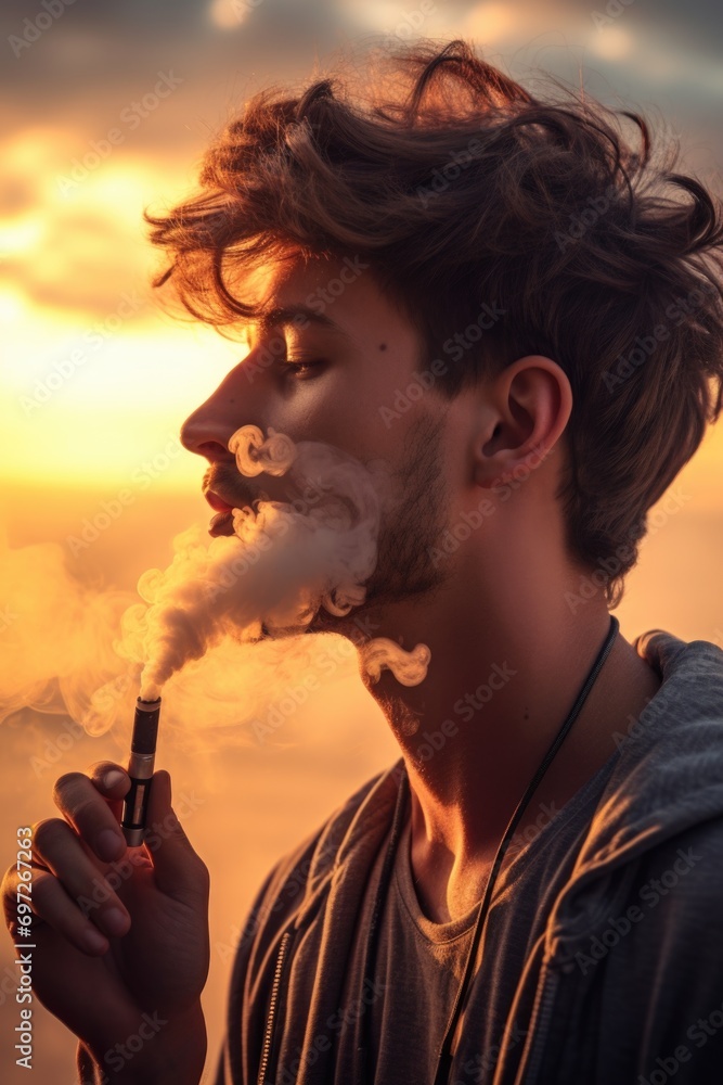 Poster a man is seen smoking a cigarette with the sun setting in the background. this image can be used to 