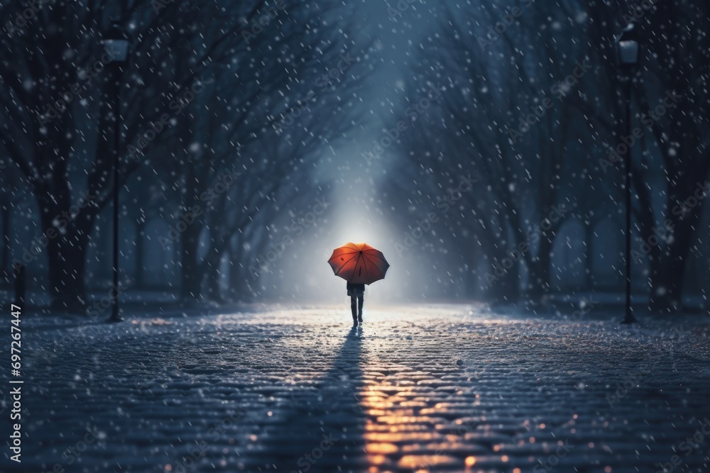 Poster a person standing in the rain with an umbrella. this image can be used to depict a rainy day or to s