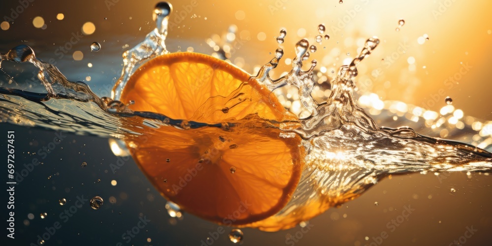 Poster an orange slice is captured mid-air as it plunges into a pool of water. this image can be used to de