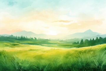 Obraz premium A beautiful painting of a green field with majestic mountains in the background. Perfect for nature enthusiasts and landscape lovers