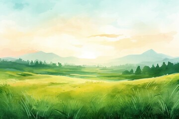 A beautiful painting of a green field with majestic mountains in the background. Perfect for nature enthusiasts and landscape lovers