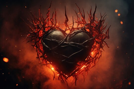 A heart-shaped piece of barbed wire engulfed in flames. This intense image can be used to symbolize passion, love, or even danger.