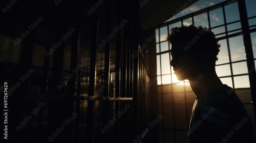 Aufkleber Silhouette of a person standing in front of a window. Can be used to represent introspection, solitude, or curiosity.