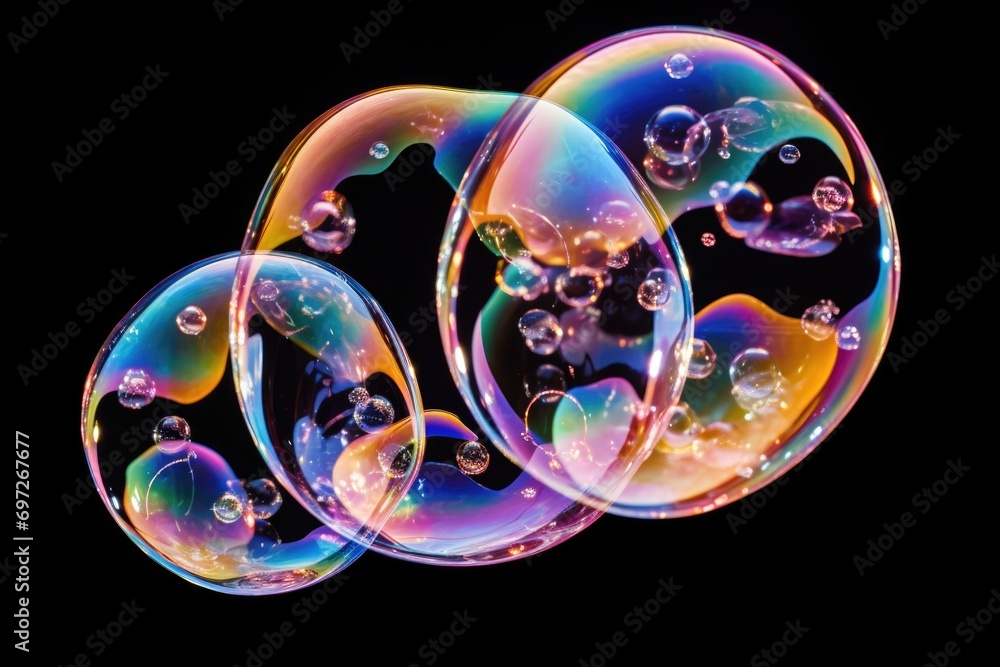 Poster A group of soap bubbles floating in the air. Can be used to add a playful and whimsical touch to designs