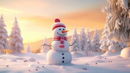 Fototapeta premium A snowman wearing a red hat and scarf standing in the snow. Suitable for winter-themed designs and holiday projects