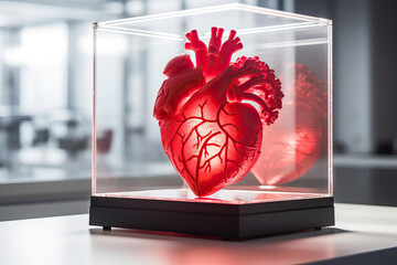 red heart model created in 3d printer, light airy lighting in a lab, future innovations, innovative technology