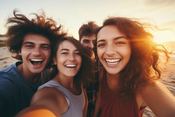 Group of friends capturing a moment with a selfie on a beautiful beach. Perfect for social media posts or travel blogs - obrazy, fototapety, plakaty