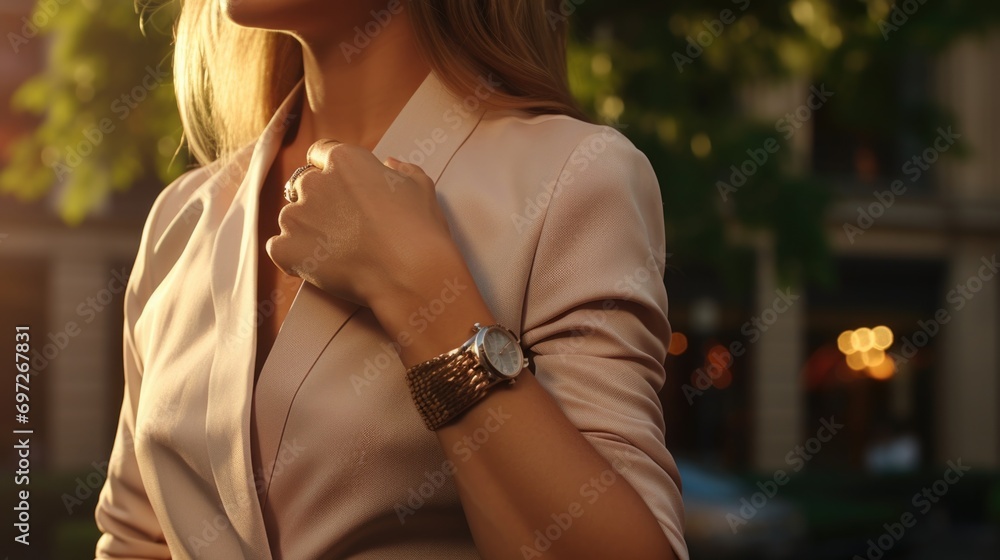 Poster a woman wearing a watch and a blazer. this versatile image can be used to represent professionalism 