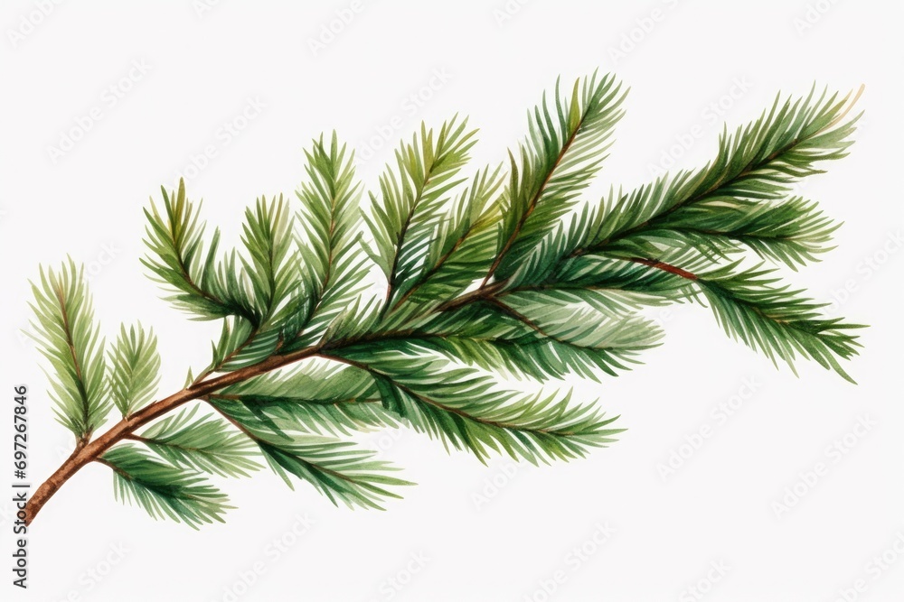 Poster a beautiful watercolor painting of a pine tree branch. this artwork captures the intricate details a