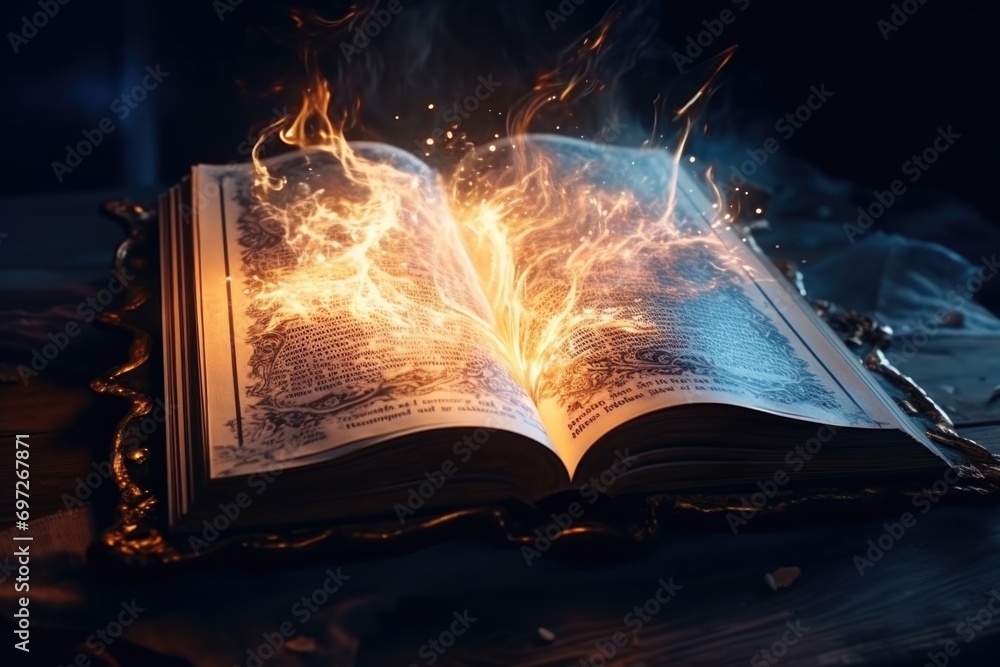 Poster An open book on a table with fire coming out of it. Suitable for concepts related to destruction, knowledge, danger, and mystery