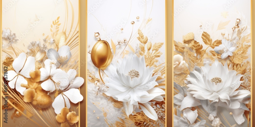 Poster three panels featuring beautiful gold and white flowers. perfect for adding an elegant touch to any 