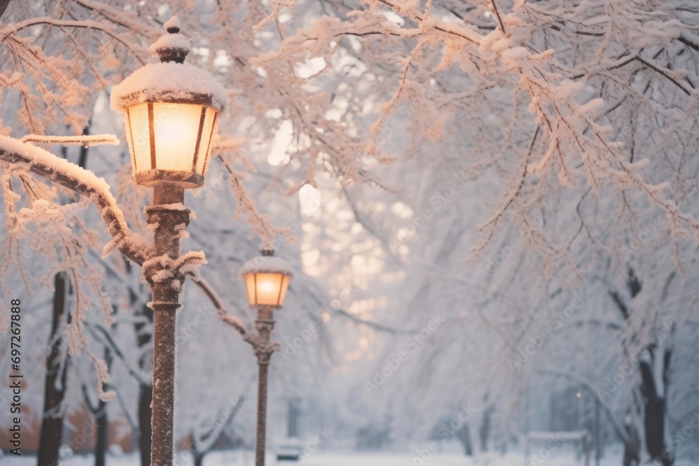 Aufkleber a street light covered in snow next to a tree. can be used to depict a winter landscape or a snowy c