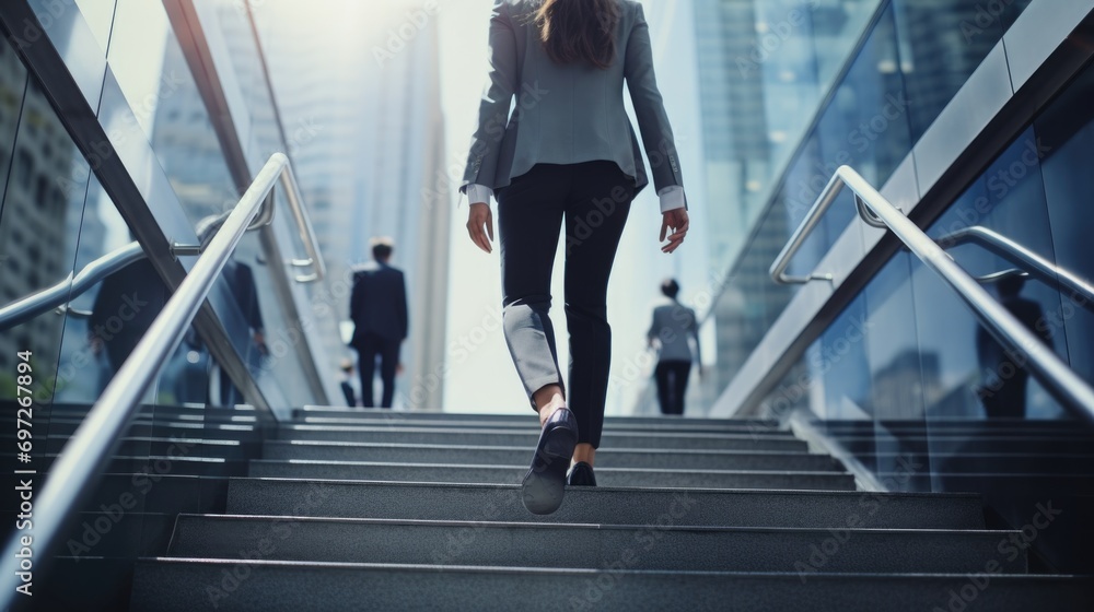 Poster a woman is pictured walking up a flight of stairs. this image can be used to represent progress, det