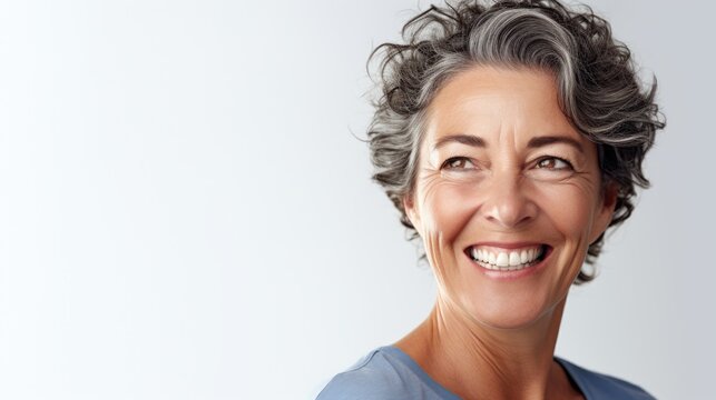 A portrait of a woman with gray hair smiling directly at the camera. This image can be used to depict positivity, confidence, and aging gracefully
