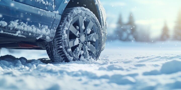 A close up view of a car covered in snow. This image can be used to depict winter weather conditions or as a background for automotive-related content