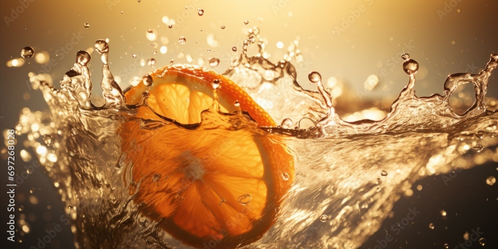 Poster a captivating image capturing the moment an orange slice gracefully falls into the water. perfect fo