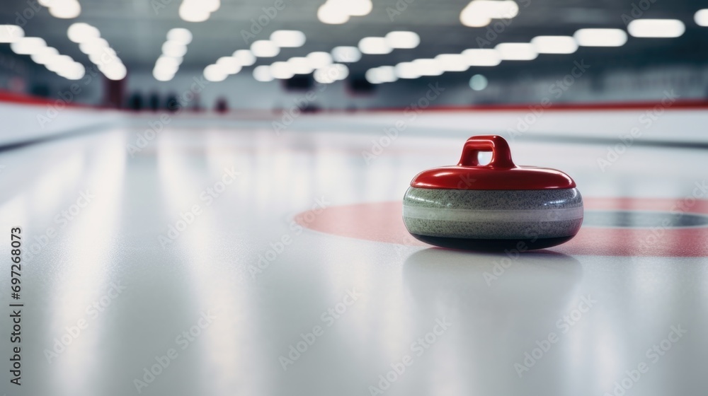Poster A curling ball sitting on top of a curling rink. Can be used to depict the sport of curling or a recreational activity on ice