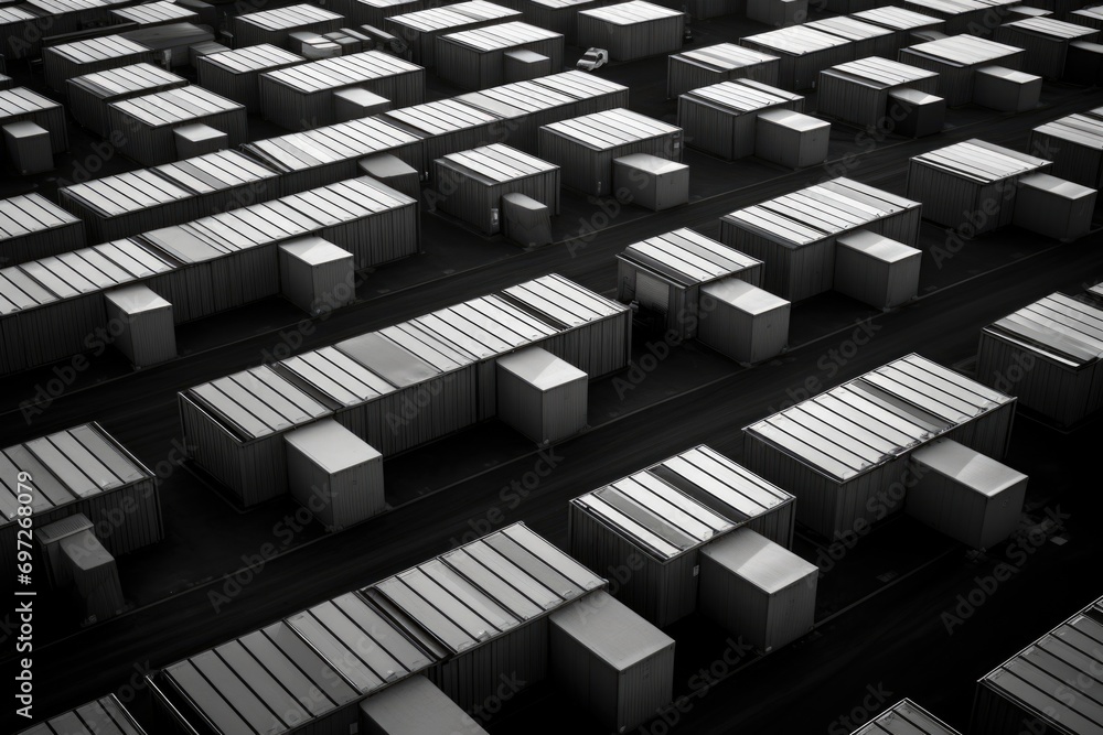 Poster A black and white photo showcasing a large number of boxes. Versatile image suitable for various projects