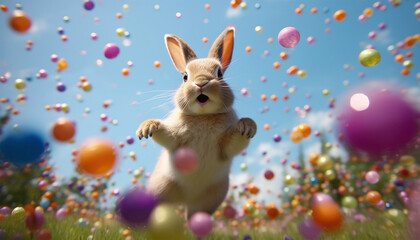 Easter bunny with Easter eggs falling from the sky. Easter egg hunt. bunny or rabbit with eggs on spring grass field, flying Easter eggs and blue sky. Religion holiday and Resurrection 