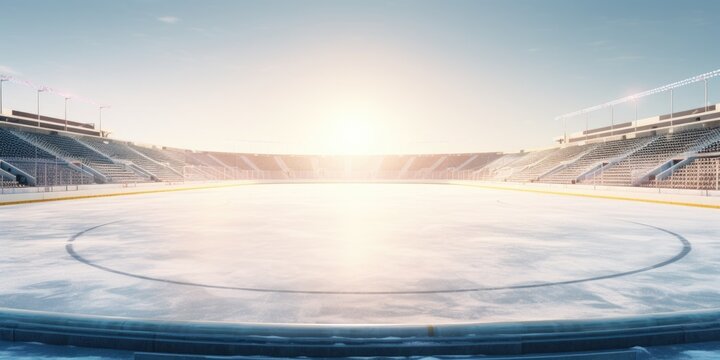 An empty ice rink with a sun shining in the background. Ideal for sports or winter-themed projects - Powered by Adobe