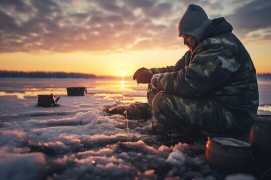 A man sitting in the snow on a frozen lake. This picture can be used to depict solitude, winter activities, or a peaceful winter landscape