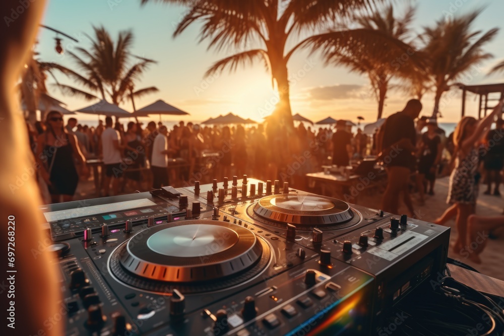 Poster a dj mixing music at a lively beach party with palm trees in the background. perfect for capturing t