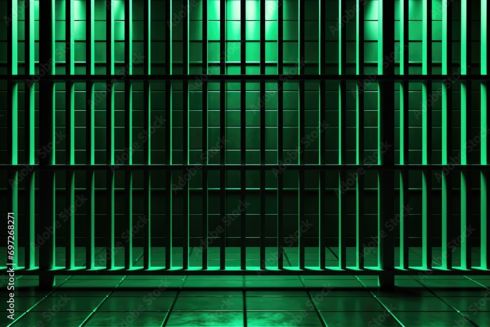 Poster a dark room jail cell illuminated by eerie green lights. this image can be used to depict the atmosp