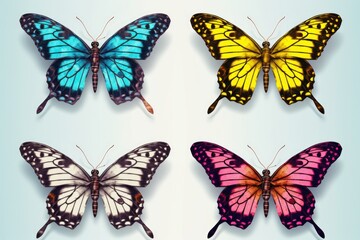 Four vibrant butterflies on a blue background. Perfect for nature-themed designs or adding a pop of color to any project