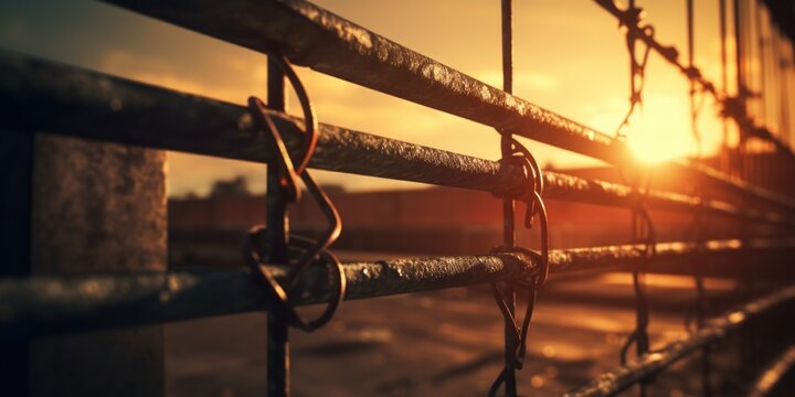 A beautiful sunset setting behind a chain link fence. This image can be used to depict concepts of freedom, boundaries, or urban landscapes
