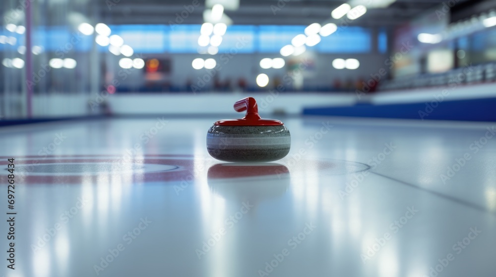 Poster a curling puck resting on the smooth surface of an ice rink. suitable for sports-related designs and