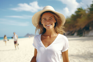 A woman wearing a white shirt and hat is pictured on a beach. This image can be used for various beach-related themes and concepts - Powered by Adobe