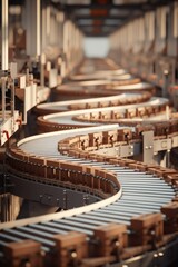 A busy factory conveyor belt filled with numerous boxes. Perfect for illustrating manufacturing, production, or logistics concepts