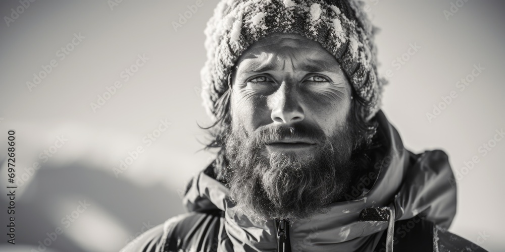 Poster A man with a beard wearing a hat and jacket. Suitable for various concepts and themes
