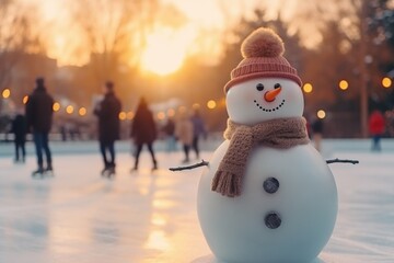 Obraz premium A snowman wearing a hat and scarf, standing on an ice rink. Perfect for winter-themed designs and holiday cards
