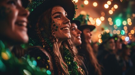 Many happy people in green clothes celebrating St. Patrick's Day - obrazy, fototapety, plakaty