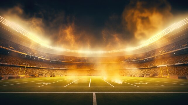 A picture of a stadium illuminated by numerous lights and engulfed in smoke. This image can be used to depict the excitement and energy of a live sports event or concert