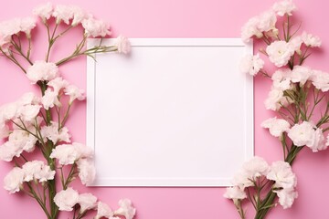 A white frame is surrounded by white flowers on a pink background. This versatile image can be used for various purposes
