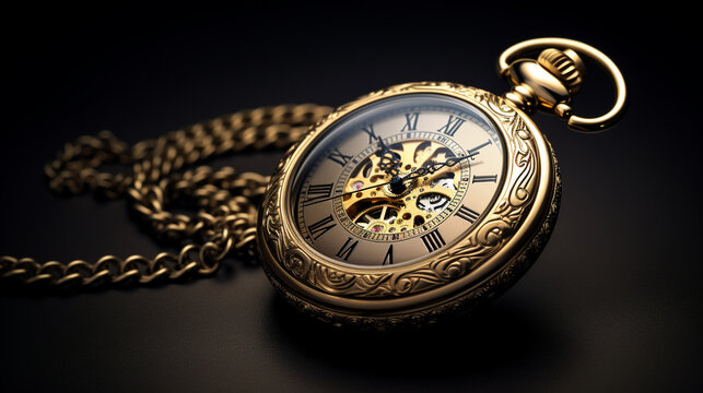 beautiful golden pocket watch with a chain on a dark background