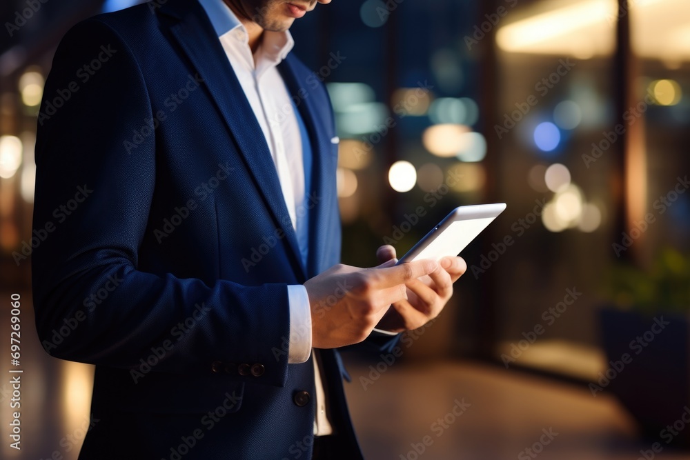 Poster a man dressed in a suit is seen looking at his cell phone. this image can be used to depict modern t
