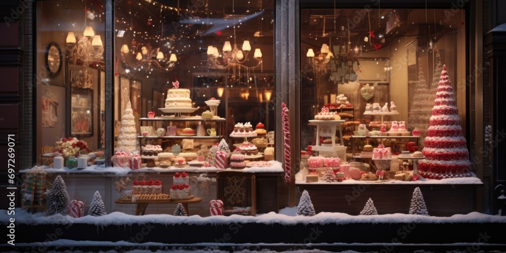 Poster a display of various cakes and cupcakes in a store window. perfect for bakery advertisements or conf