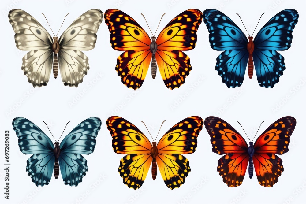 Poster a set of four different colored butterflies on a white background. ideal for nature-themed designs a