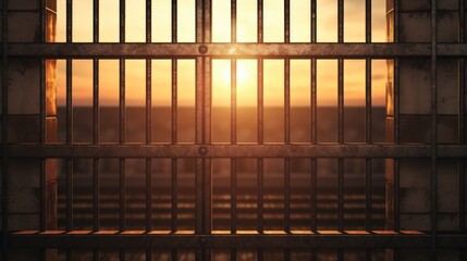 A jail cell with a stunning sunset in the background. Perfect for illustrating the contrast between confinement and freedom. Ideal for legal, crime, and justice-related concepts