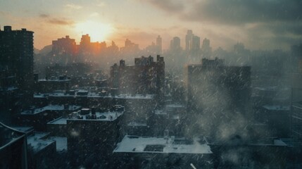 A picturesque view of a city covered in a blanket of snow. Perfect for winter-themed designs and holiday promotions