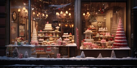 A display of various cakes and cupcakes in a store window. Perfect for bakery advertisements or confectionery themes
