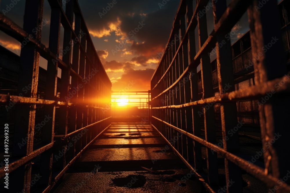 Aufkleber the sun is setting behind a metal fence. this image can be used to depict the end of the day or symb